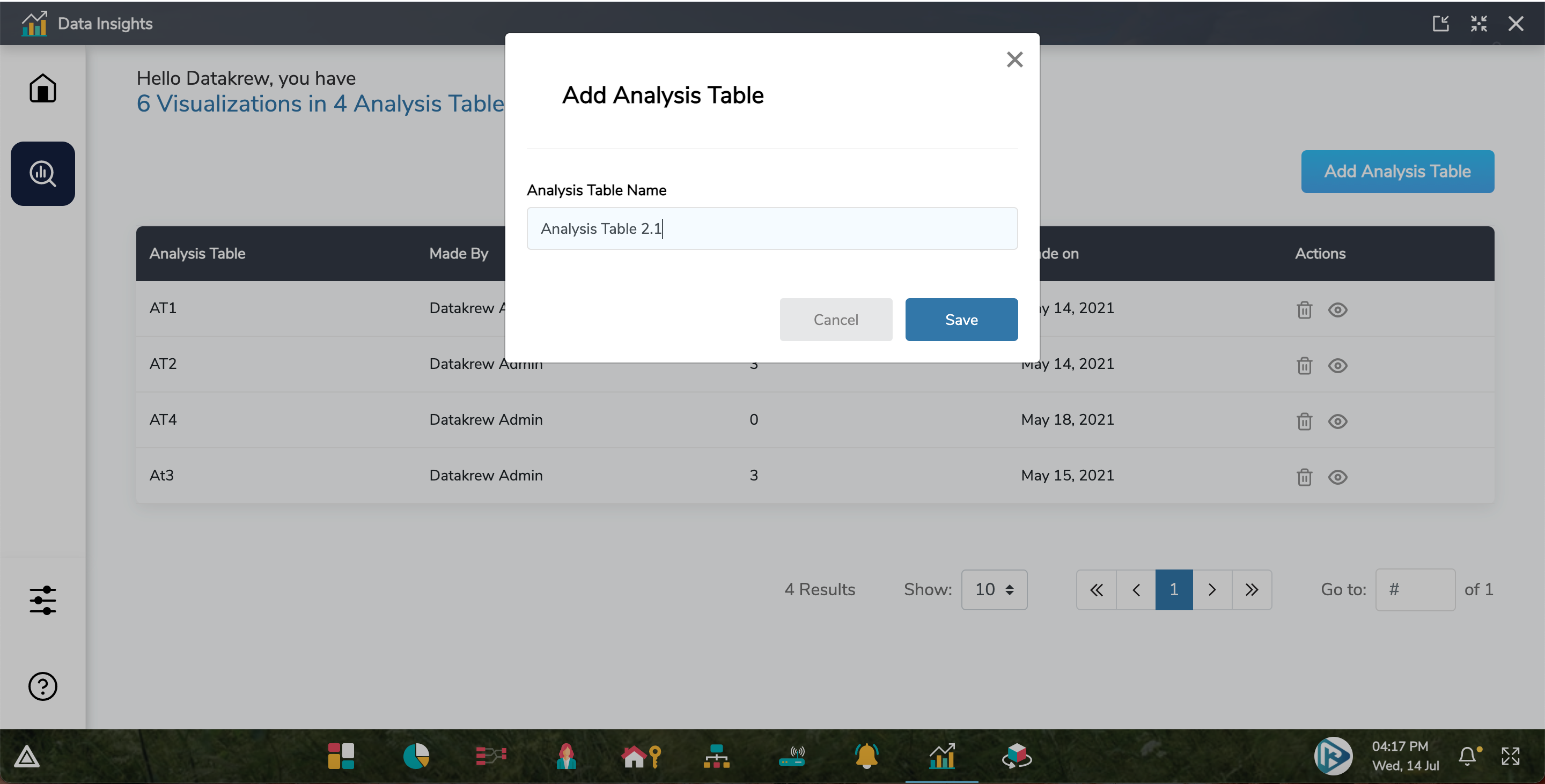 Analysis Table Create